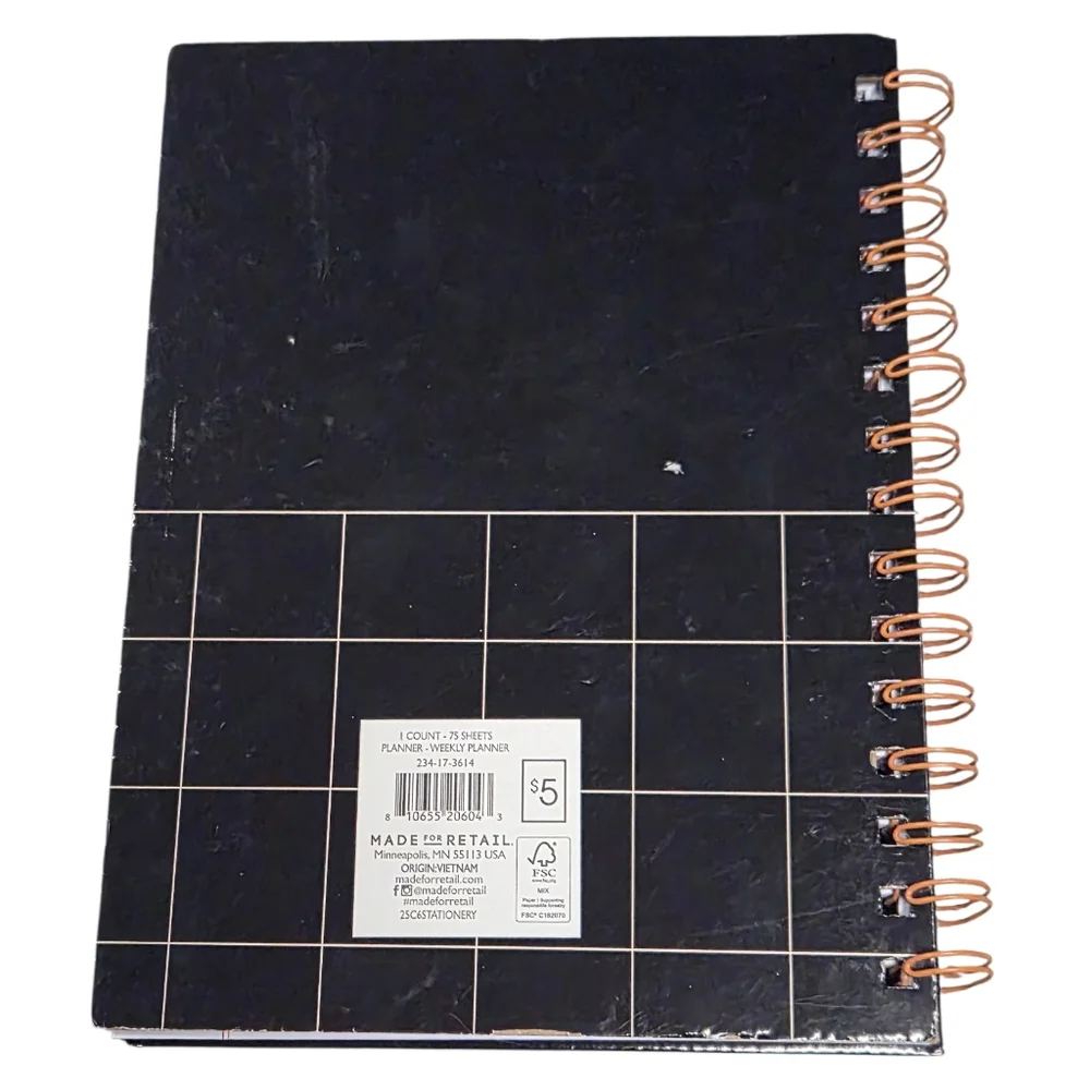 Weekly Planner Spiral Bound Undated Black Minimal Grid Notebook New Unused